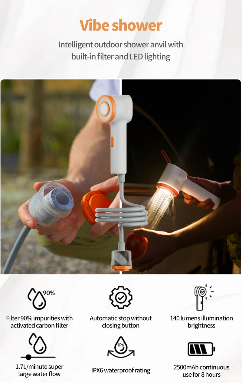 New Portable Outdoor Electric Shower with 2500mAh USB Charging Waterproof Mobile Showerhead for Camping Car Washing and Lighting