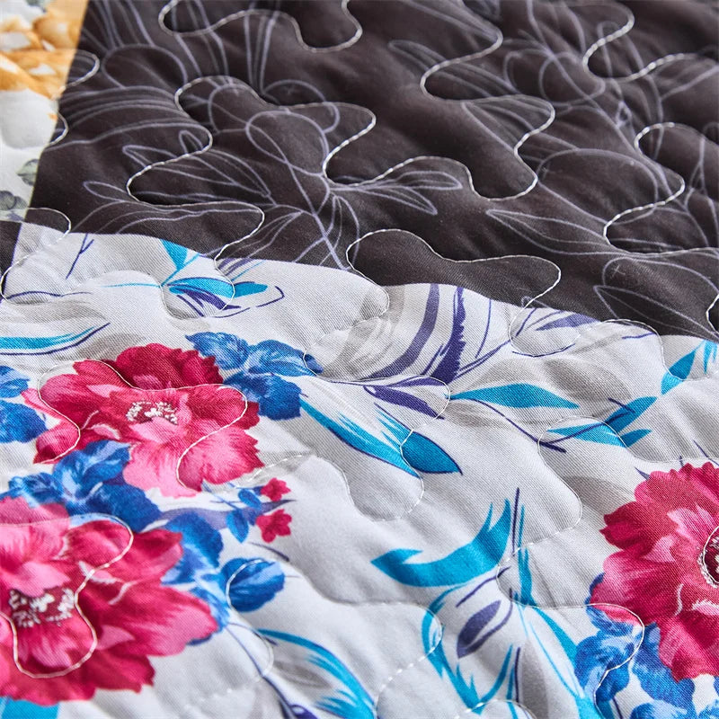 New Quilted Bedspread Set,Soft Microfiber,Thick Bed Cover+Pillowcase,European Flower Patchwork Mattress Topper Bed Sheets King