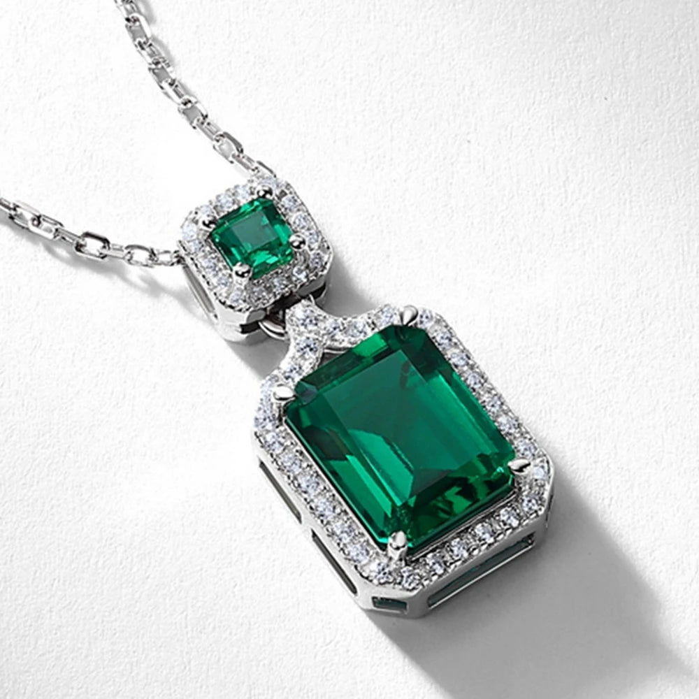Wong Rain Vintage 925 Sterling Silver Emerald Cut  7*9 MM Emerald High Carbon Diamond Gemstone Pendant Necklace Fine Jewelry