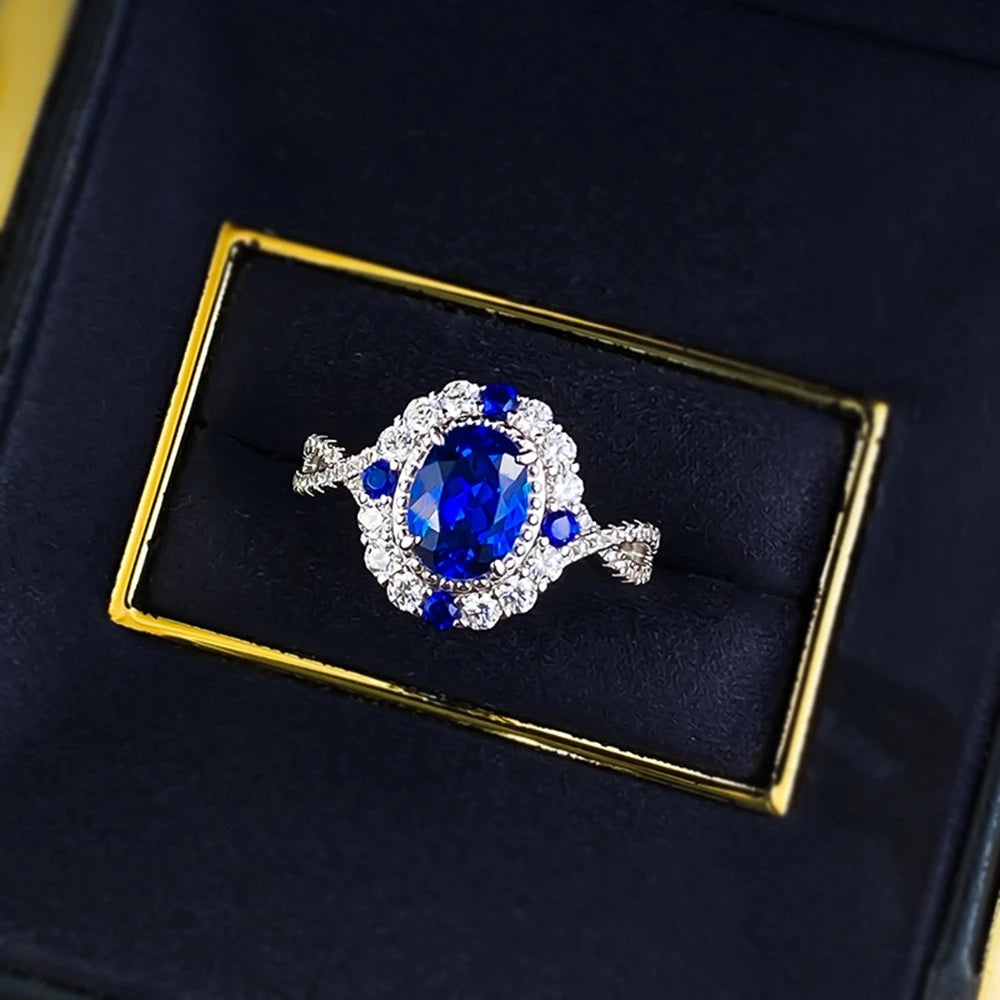 Wong Rain Classic 925 Sterling Silver Oval Cut 6*8 MM Sapphire High Carbon Diamond Gems Engagement Rings Fine Jewelry Wholesale