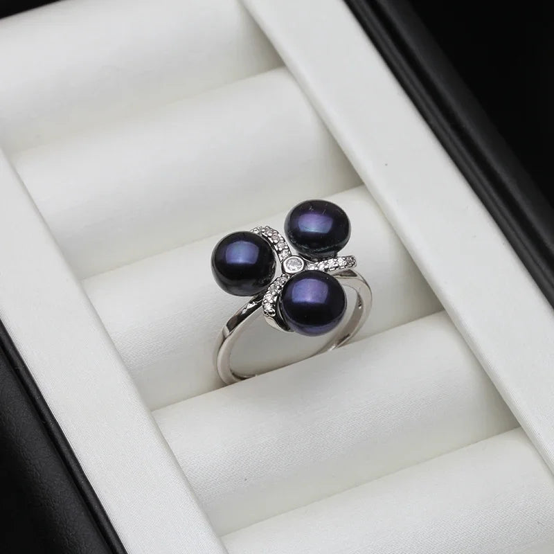 Wedding 925 Sterling Silver Pearl Ring Adjustable Woman,White Natural Freshwater Ring With Real Pearls Wife Mother Gift Black