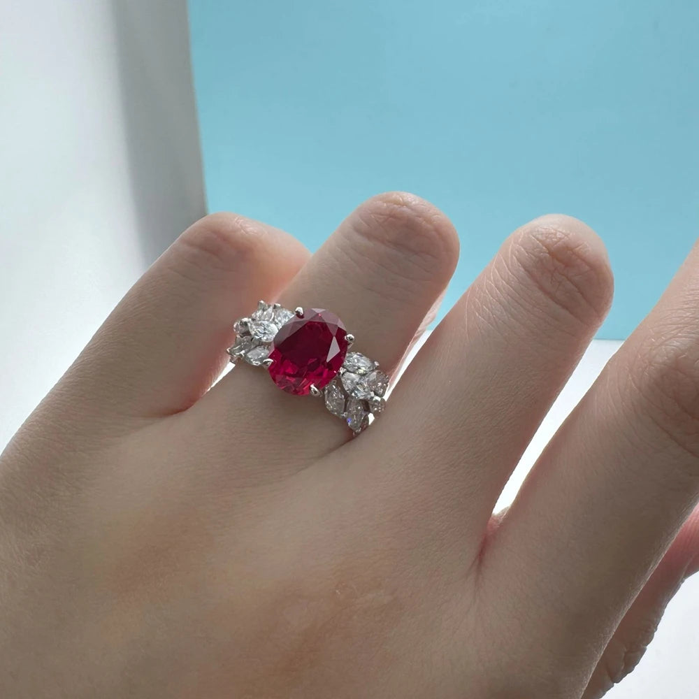 Wong Rain 925 Sterling Silver Oval Cut 3 CT Ruby High Carbon Diamond Gemstone Cocktail Party Ring for Women Fine Jewelry Gifts
