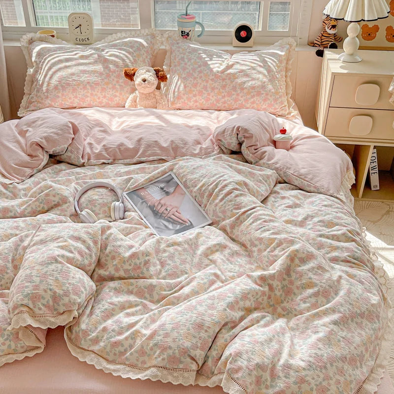 INS Princess Bedding Set 이불세트 2025 New Soft Wrinkled Double-layer Bed Flat Sheet Twin Queen Size Duvet Set Pillowcase Bed Linens