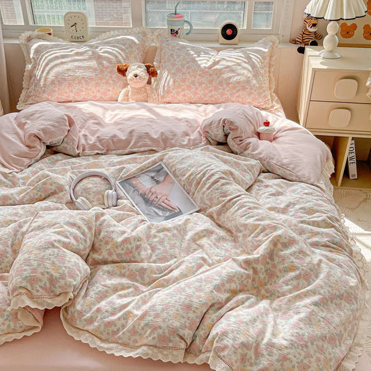 INS Princess Bedding Set 이불세트 2025 New Soft Wrinkled Double-layer Bed Flat Sheet Twin Queen Size Duvet Set Pillowcase Bed Linens