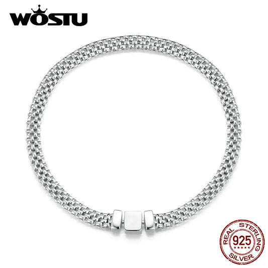 WOSTU 925 Sterling Silver European Simple Knitted Mesh Bracelets For Women Fashion Chain Luxury Wrist Jewelry Wedding Gift B124