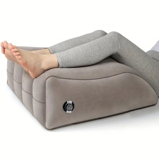 Plush inflatable leg and knee relief support cushion - gray linen wedge pillow
