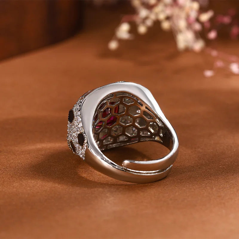 Adjustable Red Ruby Statement Stackable Rings with Black Accents Classic Cubic Zirconia for Women Jewelry Wedding Gift for Guest