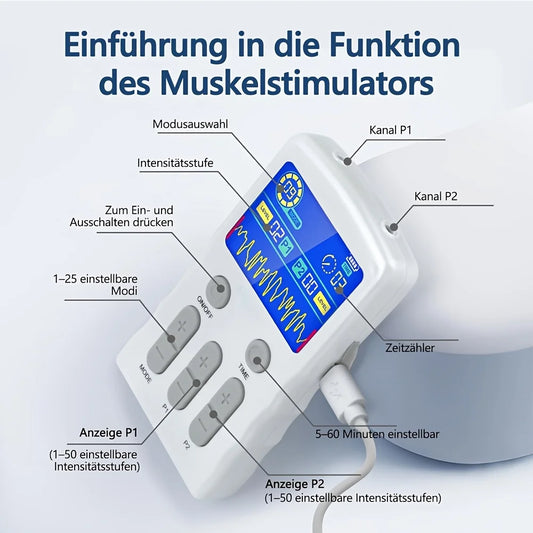 Dual Channel TENS EMS Low Frequency Therapy Machine Rechargeable Multi Modes Adjustable Strength Timing Control with Reusable Pads Portable Body Muscle Pain Relief Massager