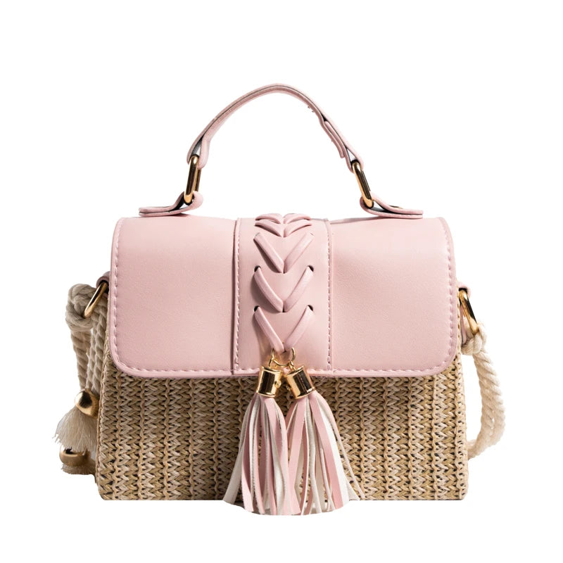 MOODS Straw Beach Bag For Women 2023 Summer New Luxury Designer Handbags Hit Color Tassels Shoulder Crossbody Box Bag Sac A Main