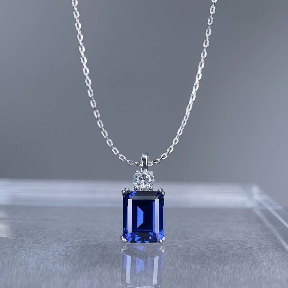 Wong Rain 925 Sterling Silver 8*10 MM Tanzanite Sapphire Ruby Citrine Emerald High Carbon Diamond Pendant Necklace Fine Jewelry