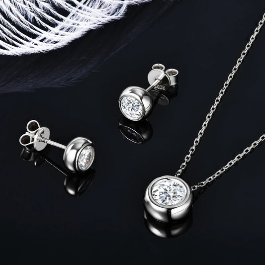 IOGOU 6.5mm 1ct Bezel Moissanite Pendant Necklace Earrings Sets 925 Silver Adjustable Chain for Women GRA Certified Jewelry Set