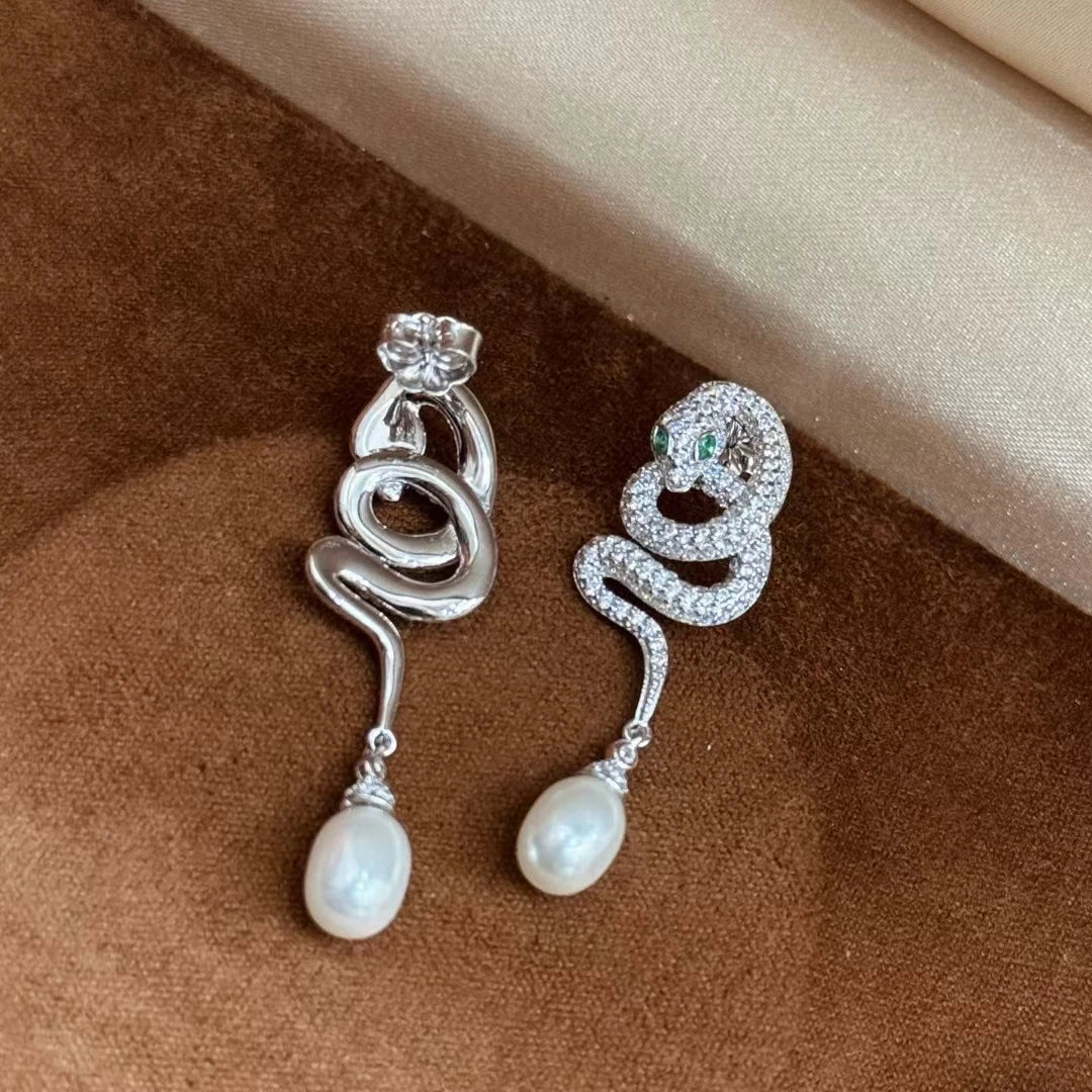 Original 925 Silver High-carbon Diamond Natural Pearl Snake Ear Drop Dangles Silver Boa Lab-grown Diamond Earring Fine Jewelry