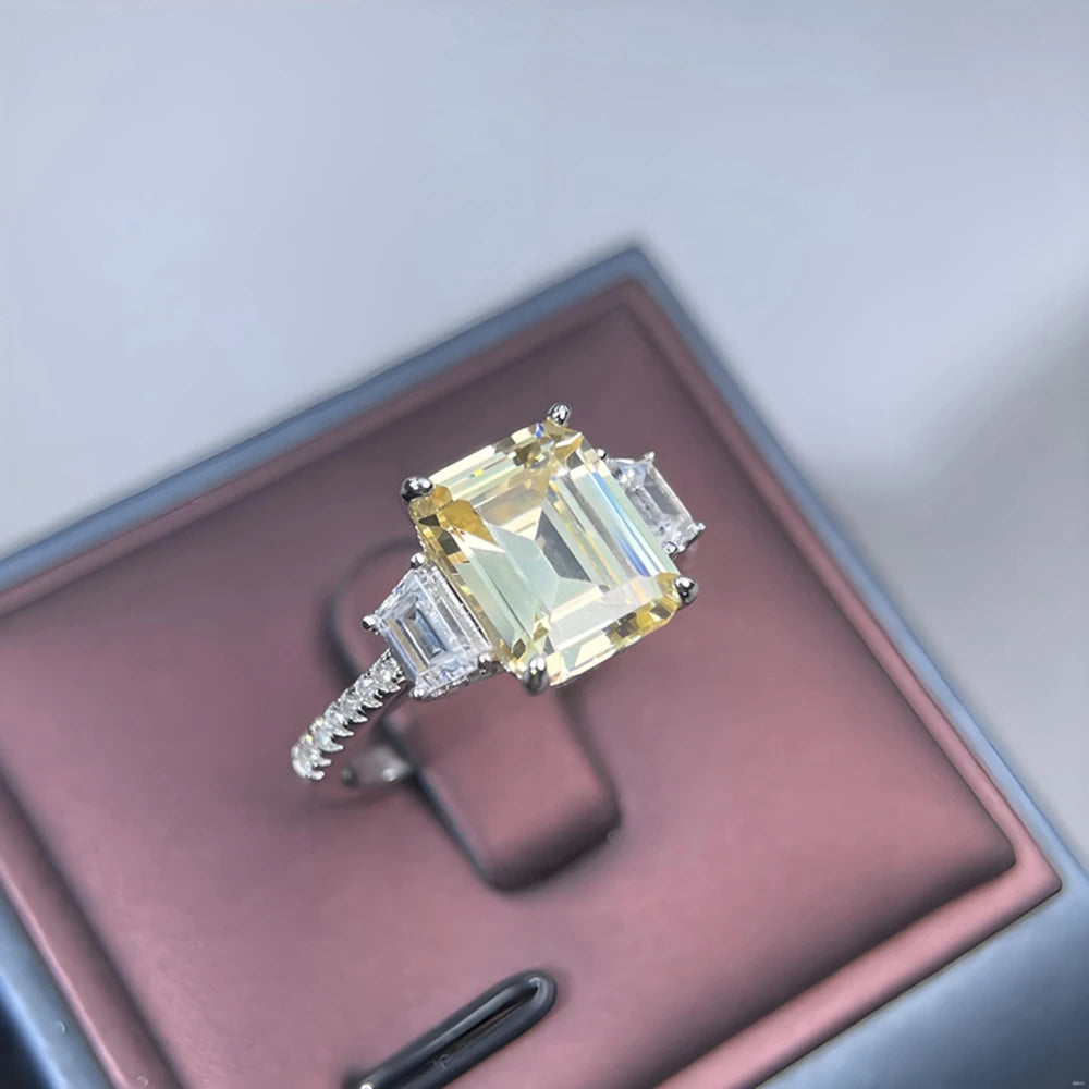 Wong Rain 925 Sterling Silver Emerald Cut 8*10 MM Aquamarine Citrine High Carbon Diamond Wedding Engagement Rings Fine Jewelry