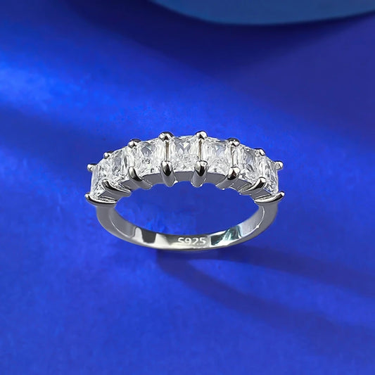 Wong Rain Simple 100% 925 Sterling Silver Lab Sapphire Gemstone Row Ring for Women Fine Jewelry Wedding Band Gifts Wholesale