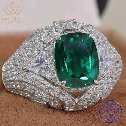 WUIHA Vintage 925 Sterling Silver 4 CT Lab Sapphire Emerald High Carbon Diamonds Gemstone Wedding Engagement Ring Fine Jewelry