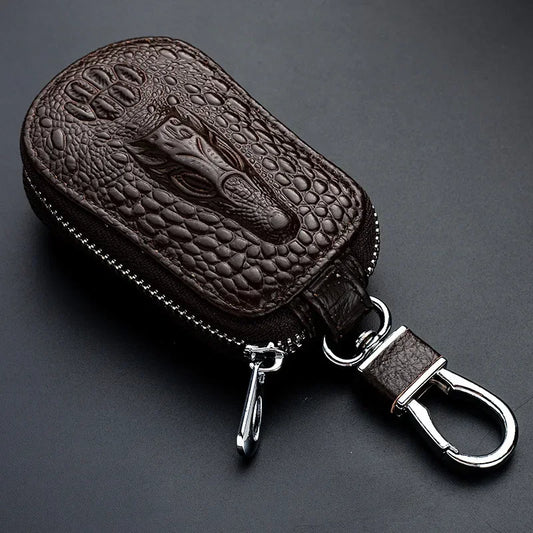 Cowhide Car Key Wallet Case Genuine Leather Crocodile Pattern Zipper Cover Mini Waist Trailer Key Bag Unisex with Metal Buckle