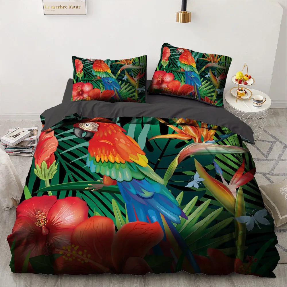 Flower Bird King Queen Duvet Cover Colorful Tropical Floral Bedding Set For Women Watercolor Plant 2/3pcs Polyester Quilt Cover