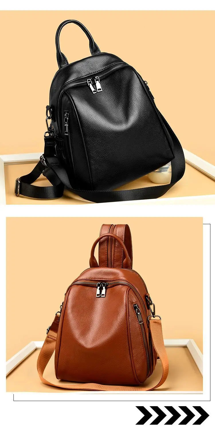 2026 New Fashionable Pure Color Leather Backpack Women's Cross-Border Travel Bag Durable Soft Cowhide Shoulder Bag for All Ages