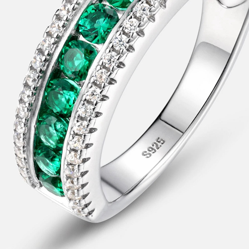 Wong Rain Vintage 925 Sterling Silver Round Cut 2.5 MM Emerald Gemstone Row Rings Fine Jewelry Wedding Band Anniversary Gifts