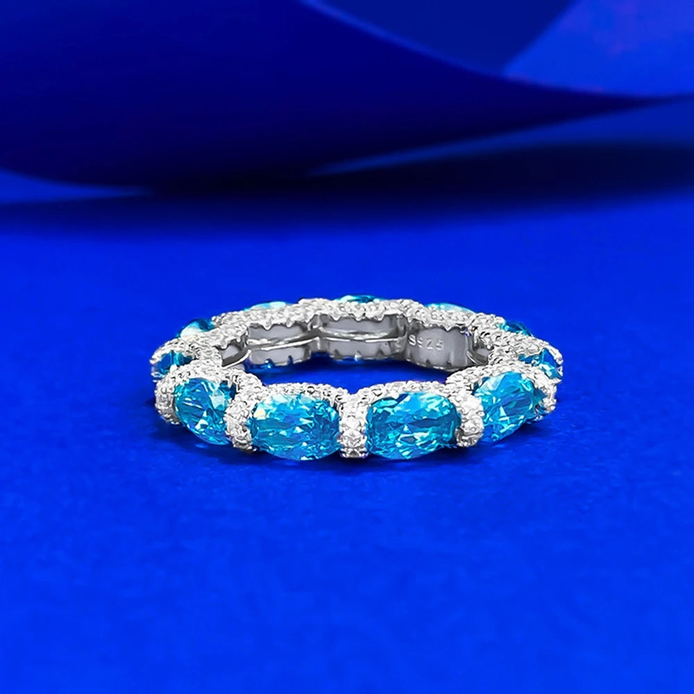 Wong Rain Luxury 925 Sterling Silver Oval Cut 4*6 MM Aquamarine High Carbon Diamond Gemstone Row Rings Fine Jewelry Wedding Band