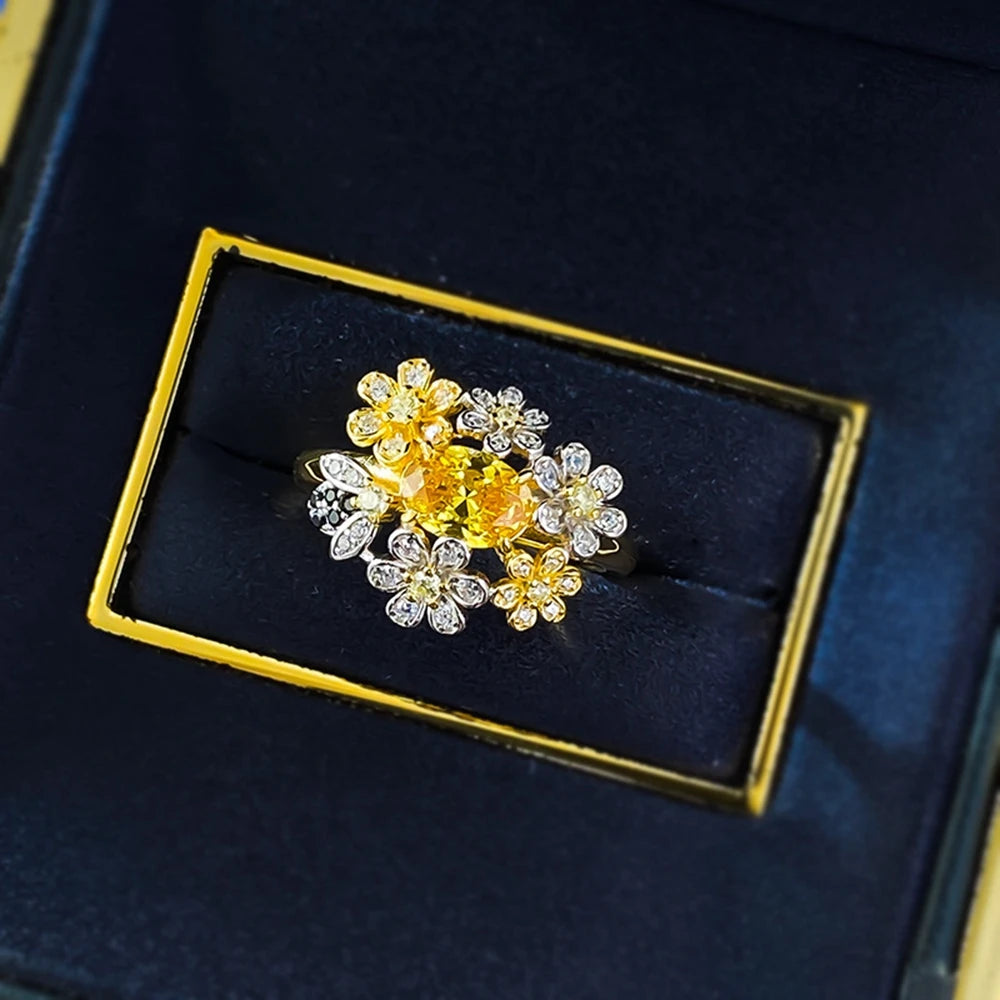 Wong Rain 925 Sterling Silver Oval Cut Citrine High Carbon Diamond Gems Flower Ring for Women Fine Jewelry Anniversary Gifts