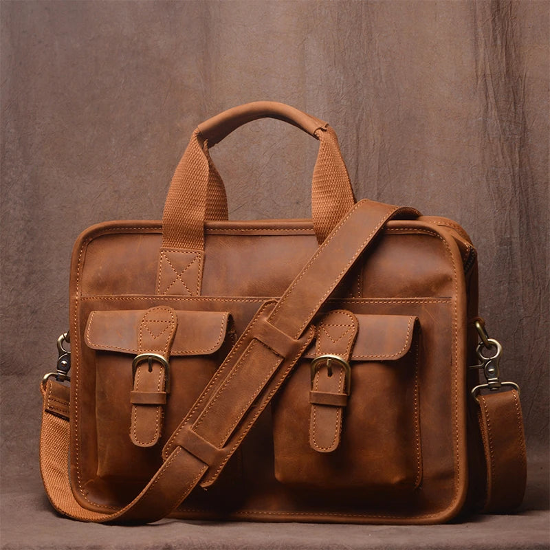 GURO Vintage Wild Handbag Male Genuine Leather Business Briefcase Original Cowhide Shoulder Messenger Bag A4 File 14″ Laptop Bag