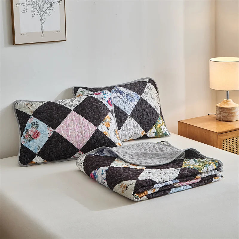 New Quilted Bedspread Set,Soft Microfiber,Thick Bed Cover+Pillowcase,European Flower Patchwork Mattress Topper Bed Sheets King