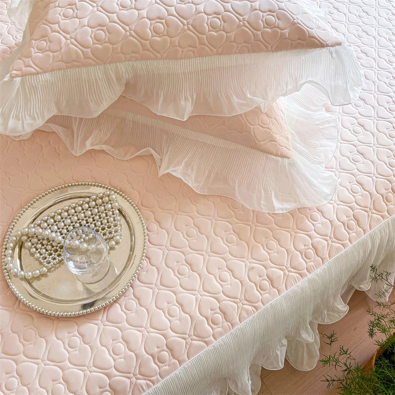 Summer Lace Ruffles Quilted Cooling Bed Skirt, Cool Feeling Fibre Mattress Cover, Bedspread, Bed Sheet, With Pillowcases, 3Pcs