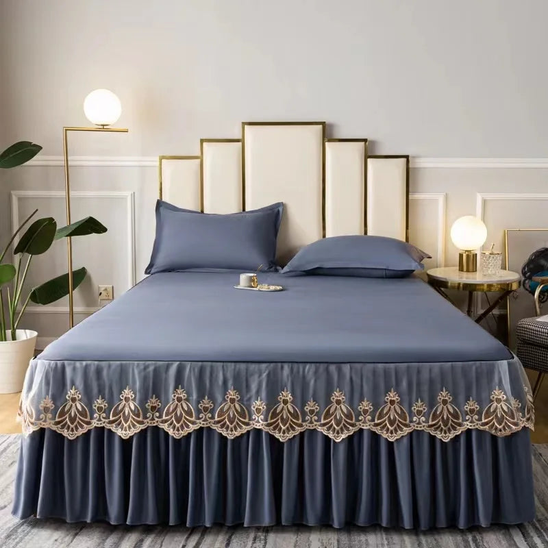 3pcs Set Raw Cotton Soft Bedspread Bed Romance Dust Protector Cover Embroidery Lace Edge Bed Skirt with 2pcs Pillowcase