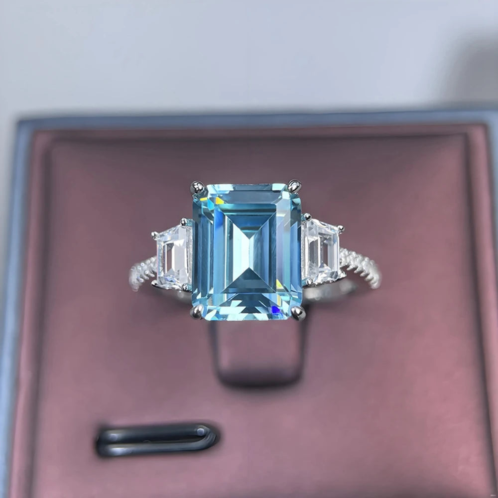 Wong Rain 925 Sterling Silver Emerald Cut 8*10 MM Aquamarine Citrine High Carbon Diamond Wedding Engagement Rings Fine Jewelry