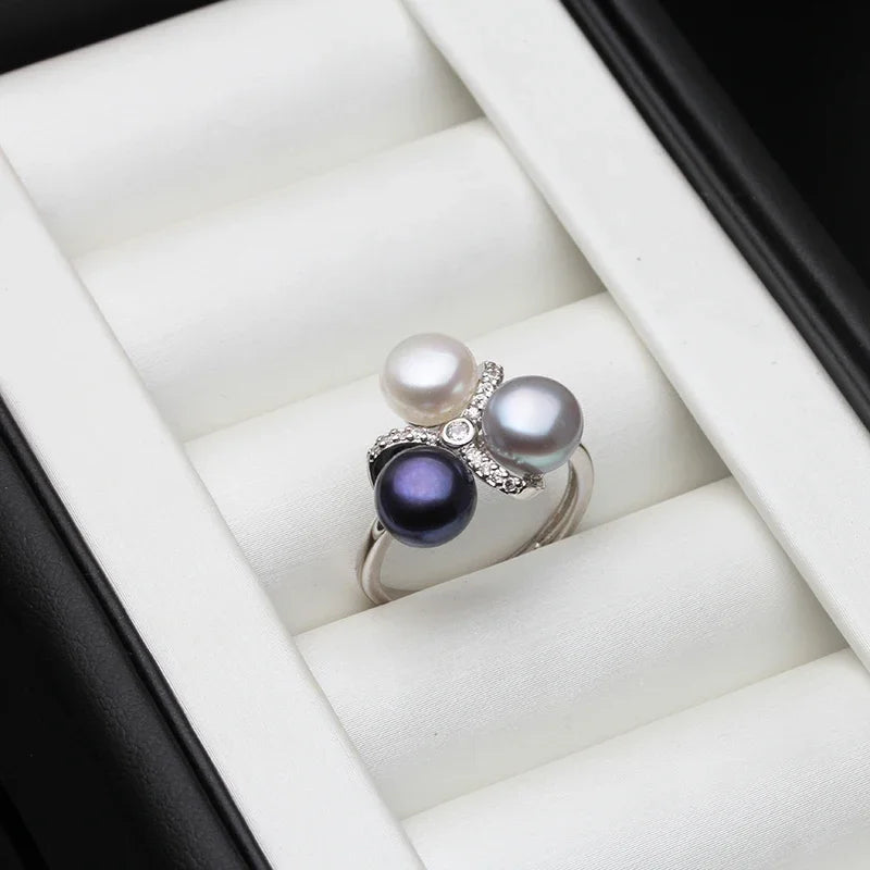 Wedding 925 Sterling Silver Pearl Ring Adjustable Woman,White Natural Freshwater Ring With Real Pearls Wife Mother Gift Black
