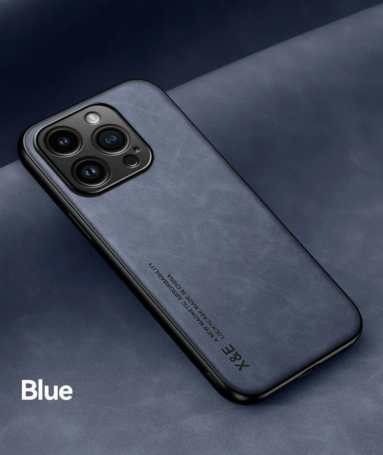 Luxury Leather Case For iPhone 16 16e 15 14 13 12 11 Pro Max Plus 12 13 Mini X XS SE 8 7 Cover With Metal Plate Support Car Hold