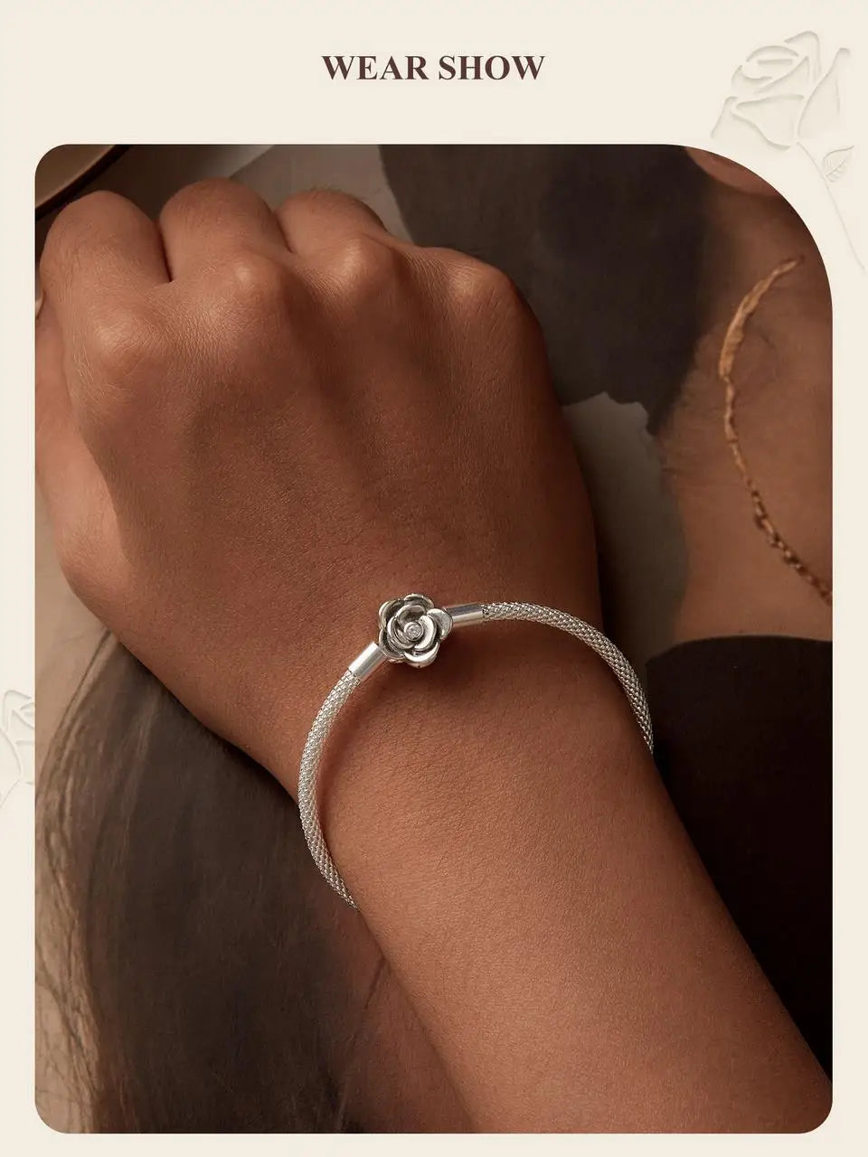 WOSTU 925 Sterling Silver Vintage Rose Flower Love Heart Bangle Bracelet Fit DIY Bracelets Women Valentine Mother's Day Gift
