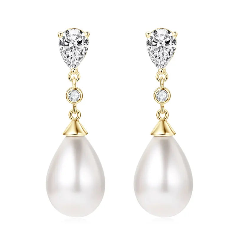 Anziw Elegant 925 Sterling Silver Earrings 13mm White Shell Pearl Drop Stud Earrings Engagement Wedding Fine Jewelry for Women