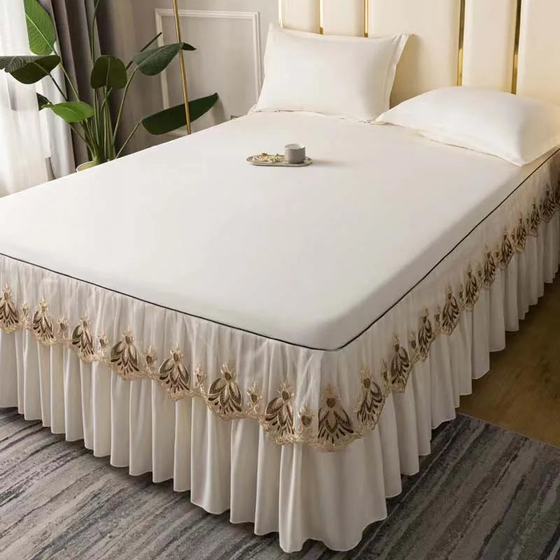 3pcs Set Raw Cotton Soft Bedspread Bed Romance Dust Protector Cover Embroidery Lace Edge Bed Skirt with 2pcs Pillowcase