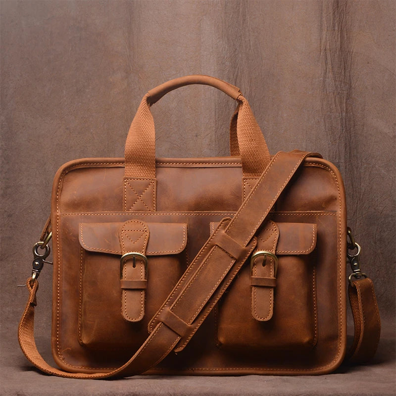 GURO Vintage Wild Handbag Male Genuine Leather Business Briefcase Original Cowhide Shoulder Messenger Bag A4 File 14″ Laptop Bag