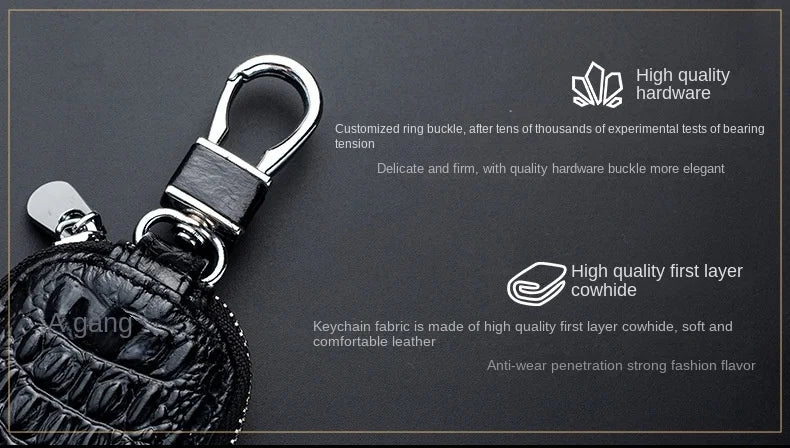 Cowhide Car Key Wallet Case Genuine Leather Crocodile Pattern Zipper Cover Mini Waist Trailer Key Bag Unisex with Metal Buckle