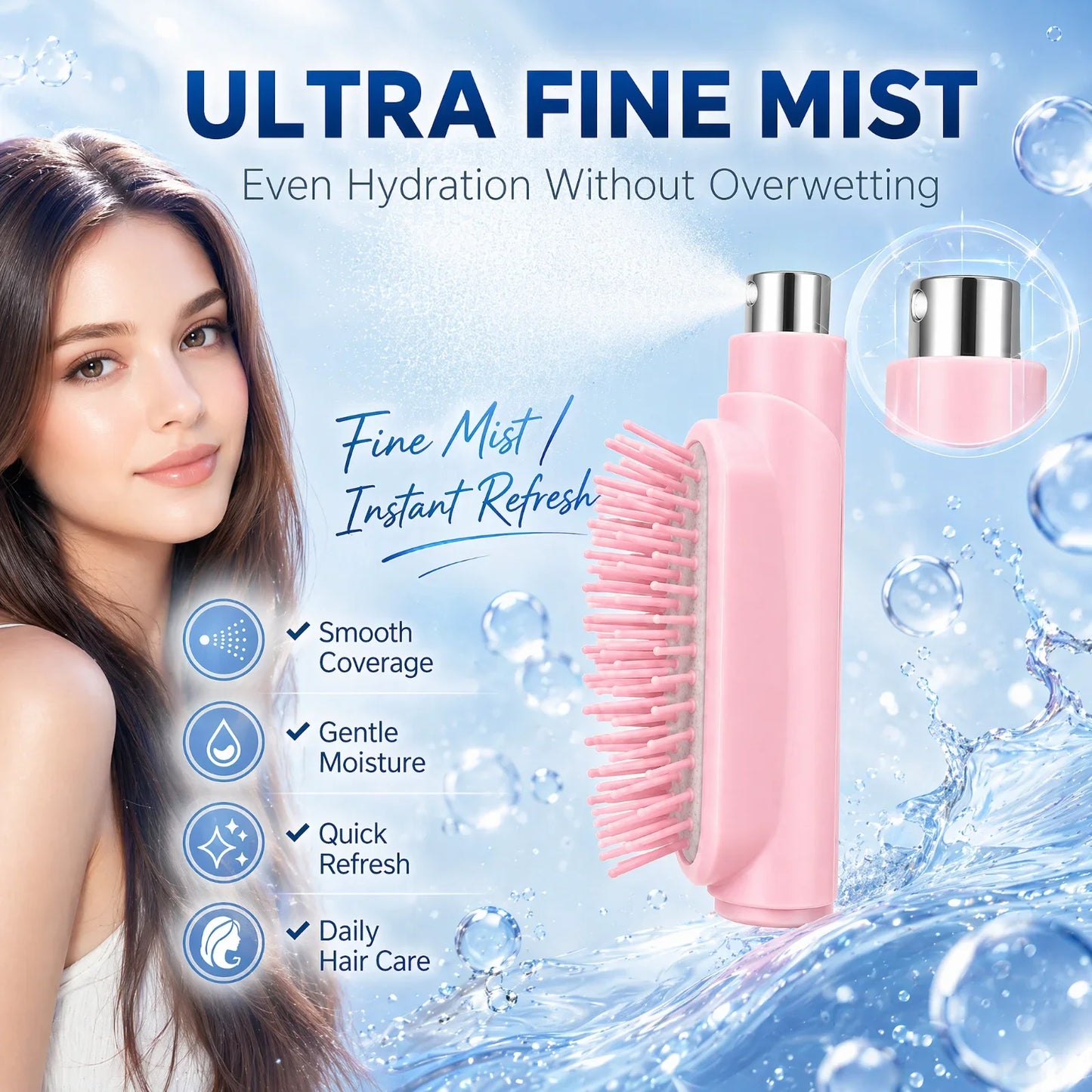 2 In 1 Spray Hair Brush Refillable Water Mist Comb Portable Detangling Scalp Massage Anti Frizz Hair Styling Travel Brush