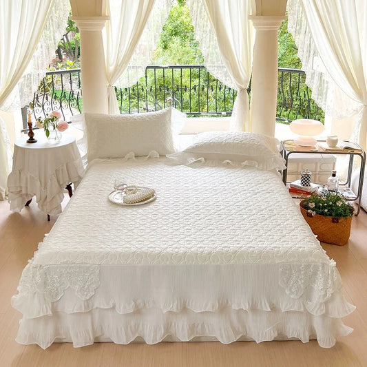 Summer Lace Ruffles Quilted Cooling Bed Skirt, Cool Feeling Fibre Mattress Cover, Bedspread, Bed Sheet, With Pillowcases, 3Pcs