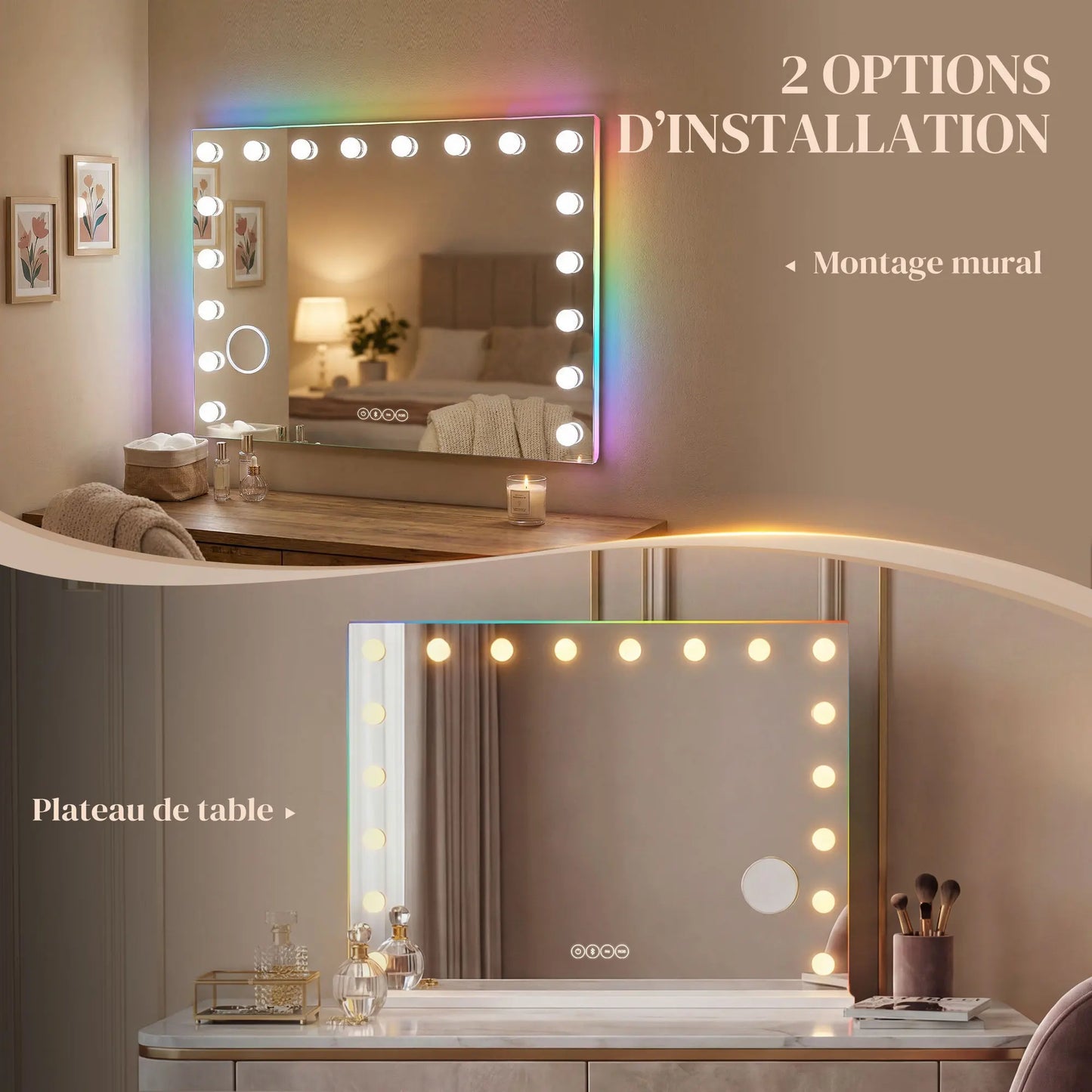 HOMCOM Hollywood make-up mirror with 18 LED bulbs, 3 light colors, RGB light, Bluetooth speaker, white