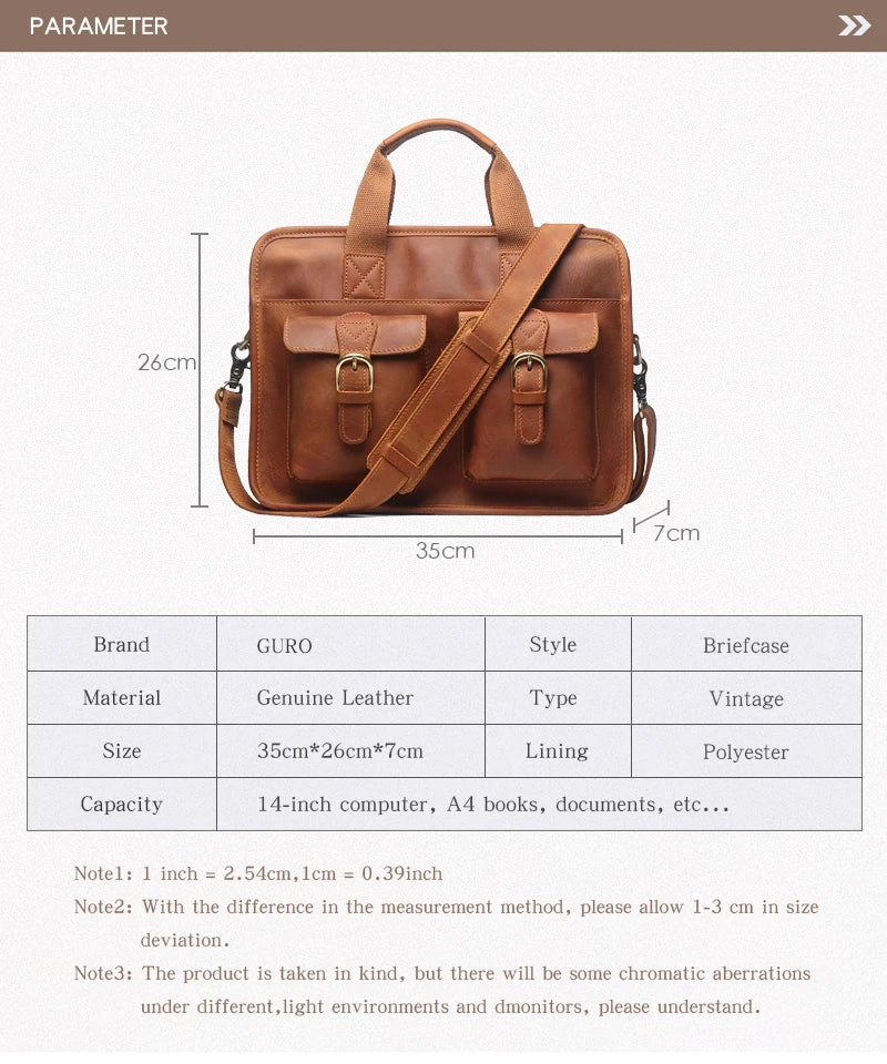 GURO Vintage Wild Handbag Male Genuine Leather Business Briefcase Original Cowhide Shoulder Messenger Bag A4 File 14″ Laptop Bag