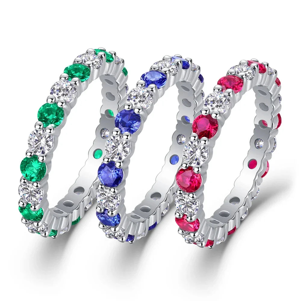 LinkerLove Lab Created Gemstone Sapphire/Emerald/Ruby Wedding Band S925 Sterling Silver Moissanite Diamond Ring Party Jewelry