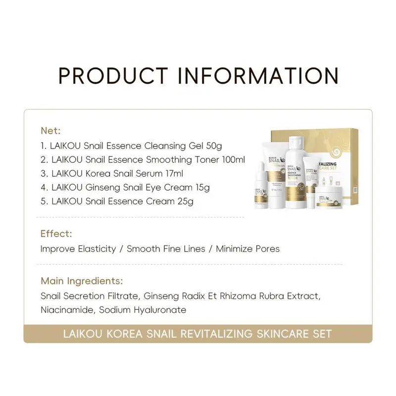 5pcs Snail Collagen Skin Care Kit Moisturising Snail Cleansing Gel, Softening Lotion, Snail Essence, Eye Cream, Snail cream