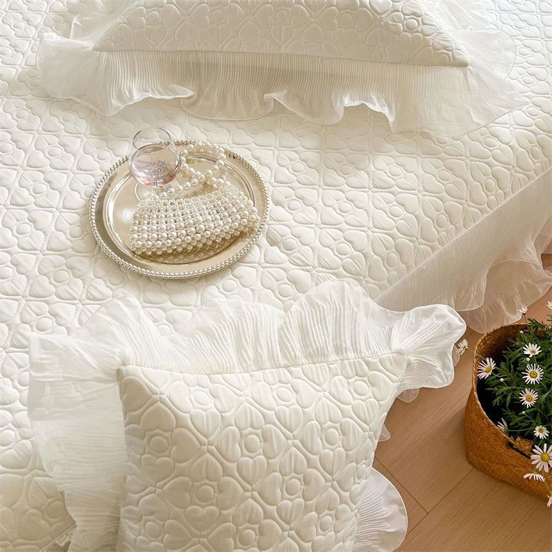 Summer Lace Ruffles Quilted Cooling Bed Skirt, Cool Feeling Fibre Mattress Cover, Bedspread, Bed Sheet, With Pillowcases, 3Pcs