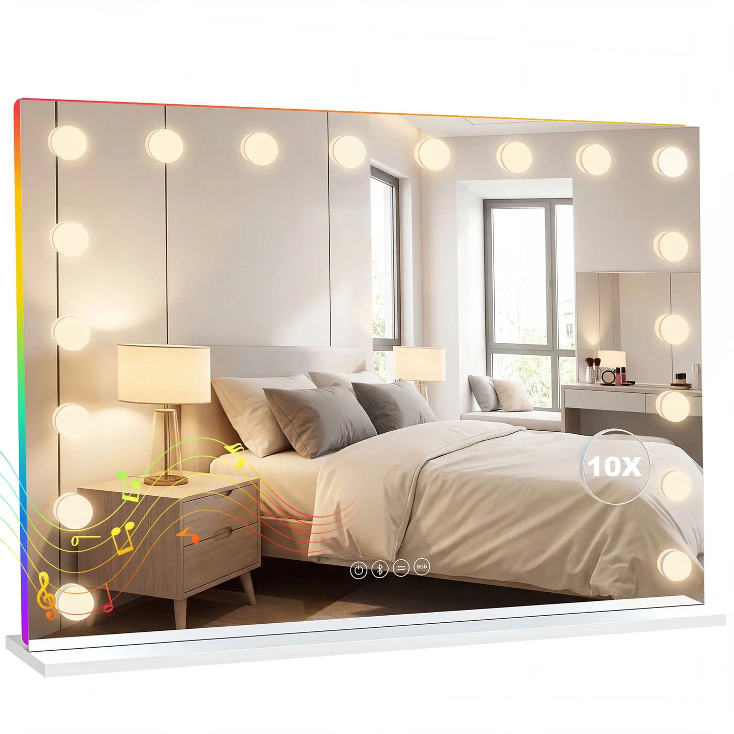 HOMCOM Hollywood make-up mirror with 18 LED bulbs, 3 light colors, RGB light, Bluetooth speaker, white