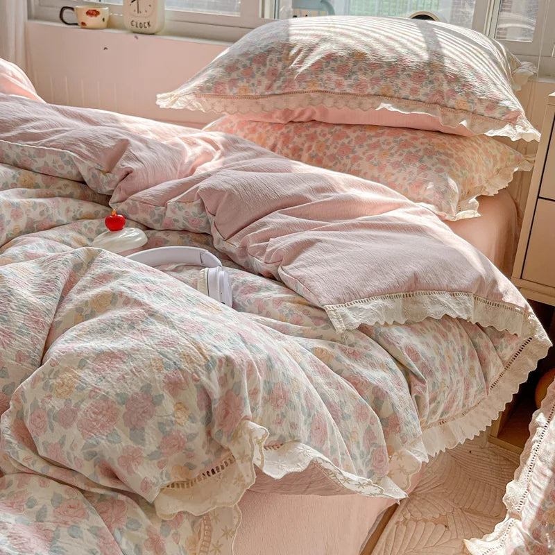 INS Princess Bedding Set 이불세트 2025 New Soft Wrinkled Double-layer Bed Flat Sheet Twin Queen Size Duvet Set Pillowcase Bed Linens