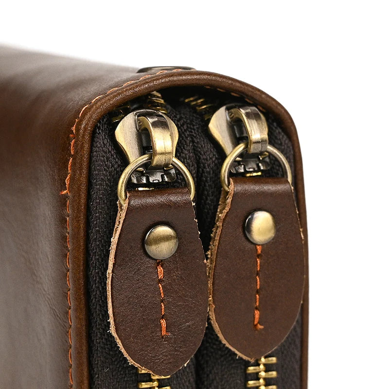 Men's crazy horse Leather long wallet Zip around genuine leather wallet Phone case purse with coin pocket 4 interlayer pocket