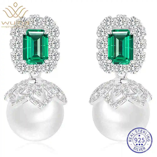 WUIHA 925 Sterling Silver Sapphire Emerald Ruby Pearls High Carbon Diamonds Wedding Engagement Drop Dangle Earrings Fine Jewelry