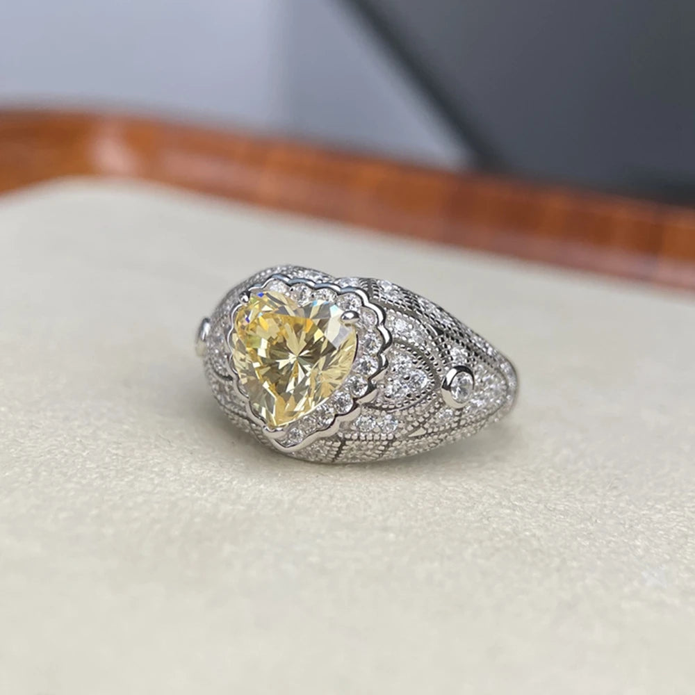 Wong Rain 925 Sterling Silver Heart Cut 8 MM Citrine Sapphire High Carbon Diamond Ring for Women Fine Jewelry Anniversary Gifts