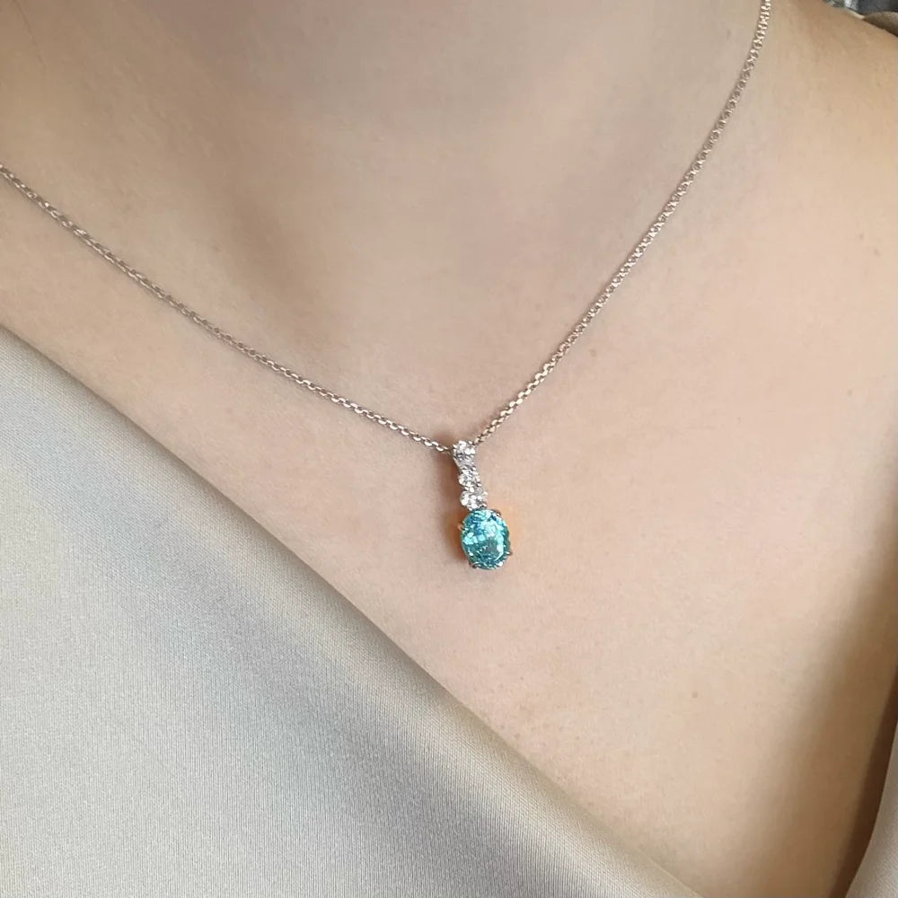 Wong Rain 925 Sterling Silver Oval Cut 7*9 MM Emerald Sapphire Paraiba Spinel High Carbon Diamond Pendant Necklace Fine Jewelry